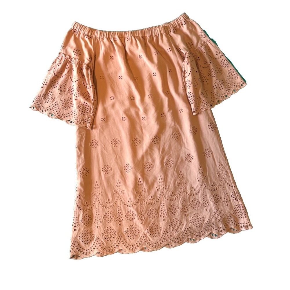 Madewell Off Shoulder Eyelet Dress 10 Dusty Rose Embroidered Bell Sleeve Lined - Picture 7 of 11